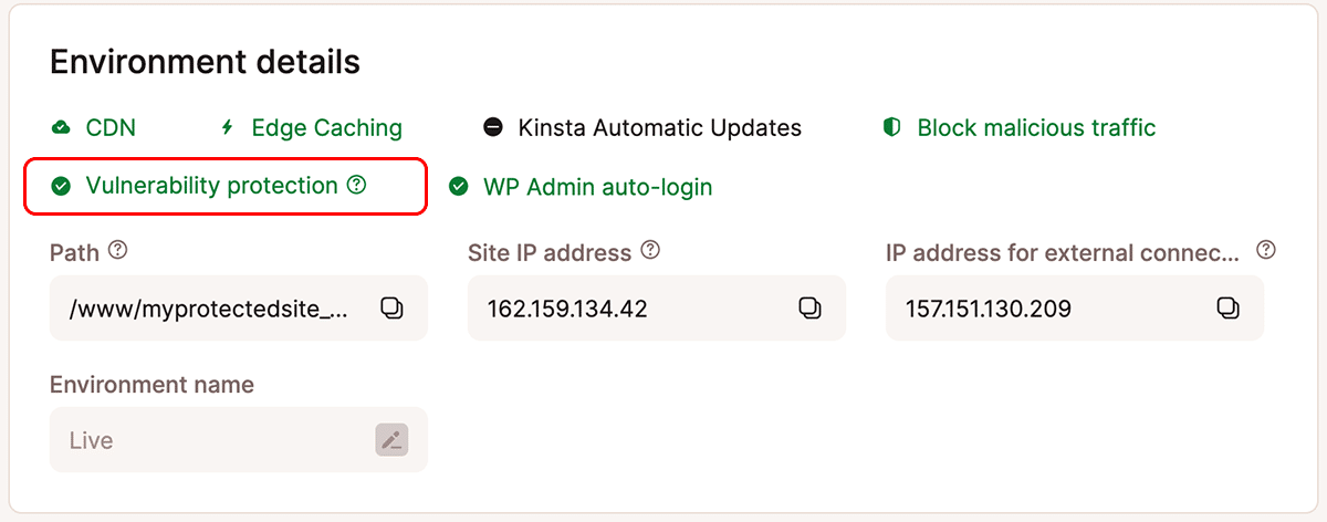 MyKinsta 漏洞防護已啟用狀態