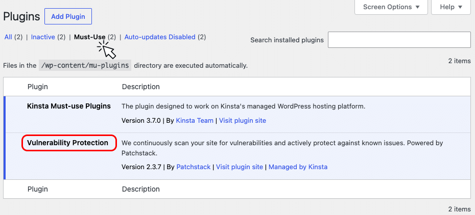 WordPress Must-Use 外掛列表中的 Kinsta 漏洞防護
